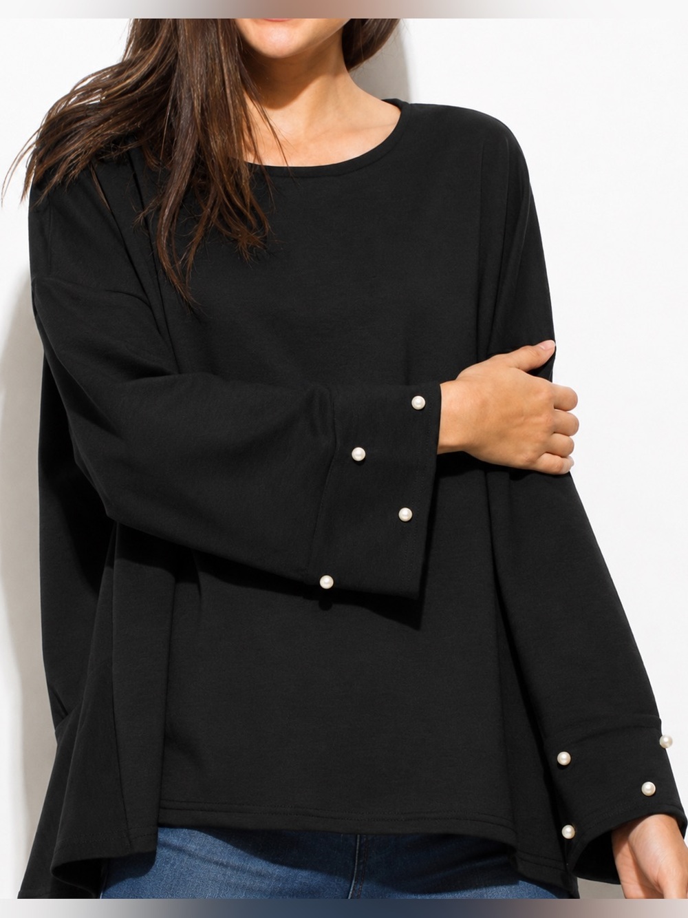 Very J | Black Oversized Drop Shoulder High-Low Pearl Detail Ruffle Blouse Top S